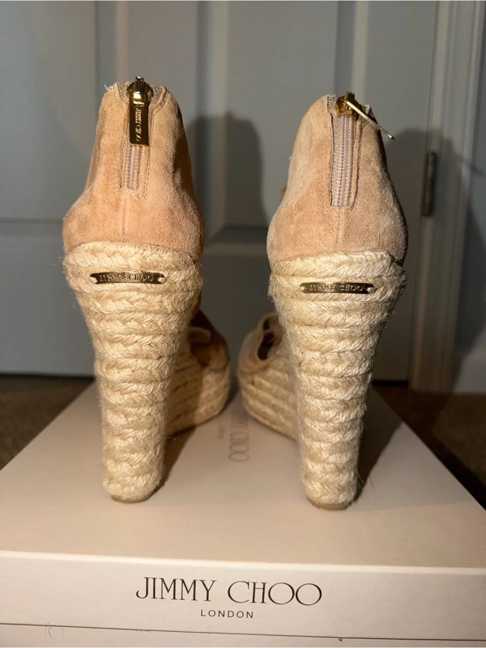 Jimmy Choo Suede 120mm Espadrille Platform Wedge Sandals Nude Tan Size [SIZE]